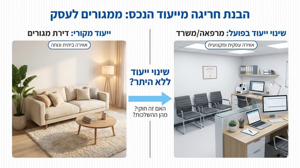 נוצר על ידי מודל בינה מלאכותית Gemini Pro המחשה של הסבת דירת מגורים למשרד או מרפאה המהווה שינוי ייעוד