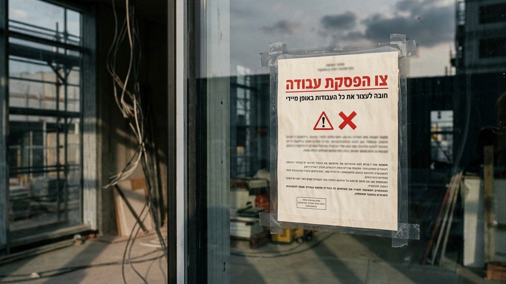 נוצר על ידי מודל בינה מלאכותית Gemini Pro הדמיה של צו הפסקת עבודה מנהלי בגין עבירות תכנון ובנייה