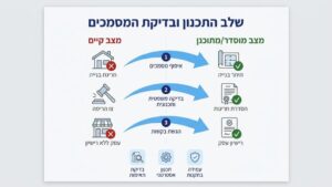 תוכניות בנייה ומסמכי רישוי על שולחן עבודה מקצועי