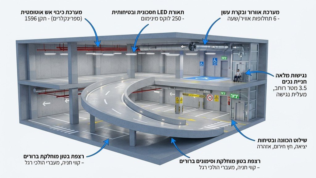 נוצר על ידי מודל בינה מלאכותית Gemini Pro חניון תת קרקעי מתקדם עם מערכות כיבוי אש