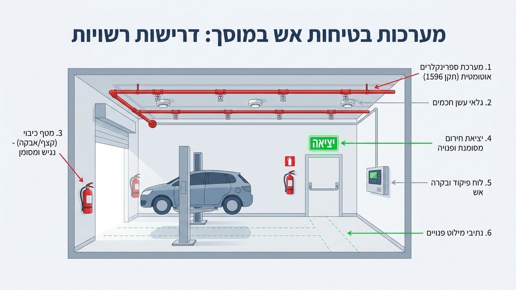 נוצר על ידי מודל בינה מלאכותית Gemini Pro מערכות בטיחות וכיבוי אש במוסך כחלק מתהליך רישוי עסקים