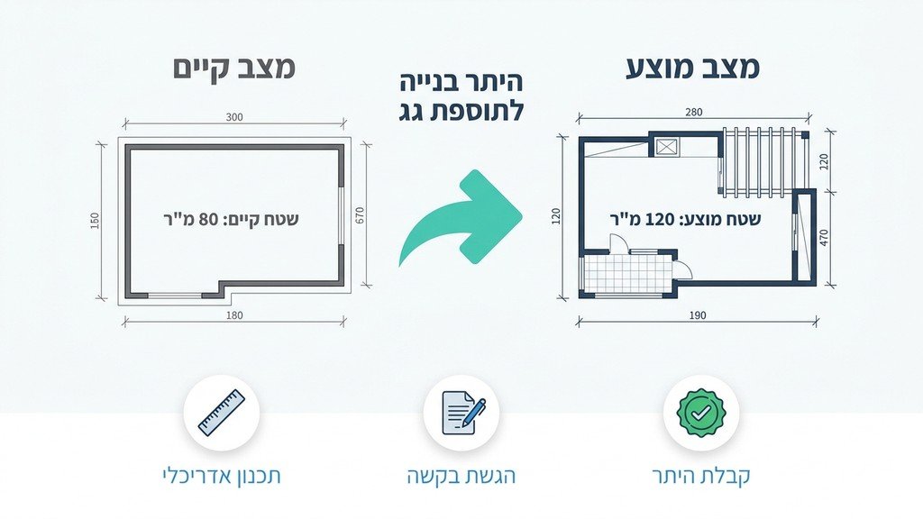 נוצר על ידי מודל בינה מלאכותית Gemini Pro תכנון אדריכלי עבור היתר בנייה על הגג